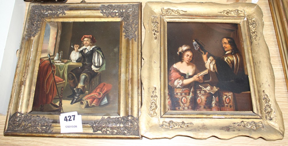Two 19th century German School oils on zinc, Musicians on a balcony and Pipe smoker, 20 x 16cm and 19 x 16cm